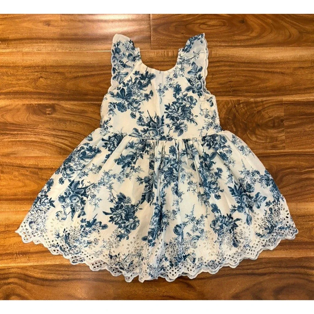 Baby Gap Love Shack Fancy Floral Eyelet Dress, Blue and White, Size 4T